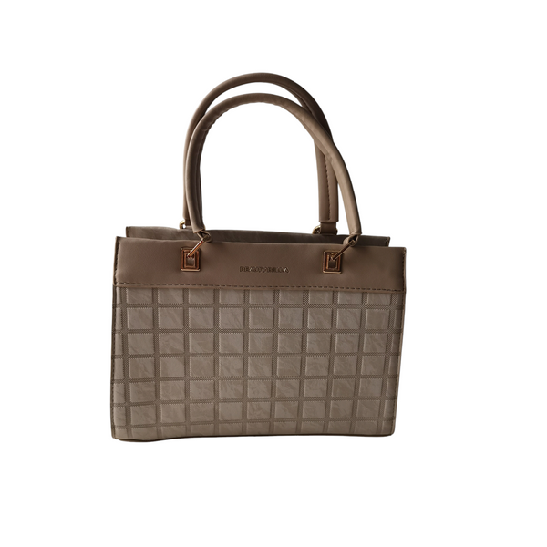 Bolso de mano ZEFORA Beauty Bella estructurado en color topo con patrón de cuadros y detalles en herrajes dorados.