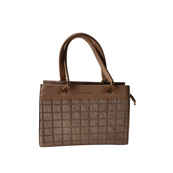 Bolso de mano ZEFORA Beauty Bella en color marrón con patrón de cuadros, estructura rígida y detalles dorados.