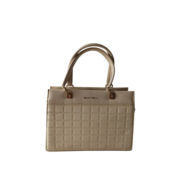 Bolso de mano ZEFORA Beauty Bella color crema con patrón de cuadros, estructura rígida y detalles en herrajes dorados.
