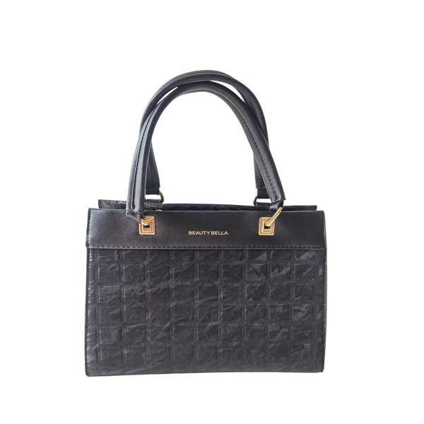Bolso de mano ZEFORA Beauty Bella negro estructurado con patrón de cuadros y detalles en herrajes dorados