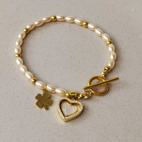 Pulsera de mujer de perlas dije trebol y corazon regalo
