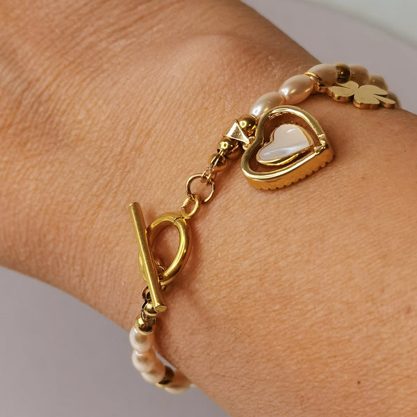 Pulsera de mujer de perlas dije trebol y corazon regalo