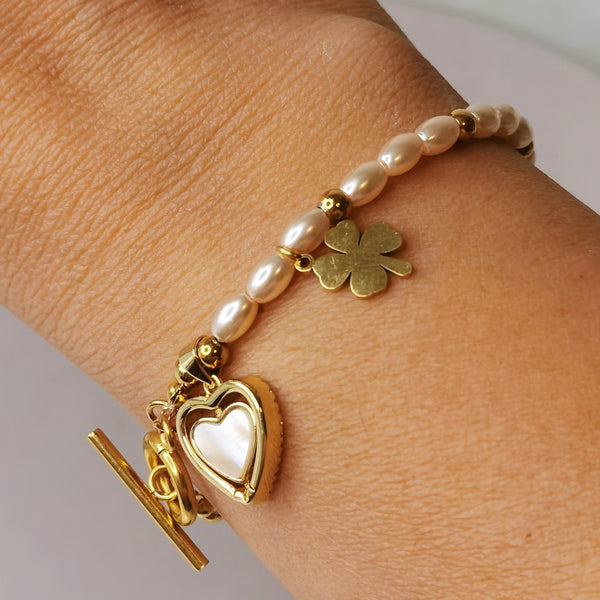 Pulsera de mujer de perlas dije trebol y corazon regalo