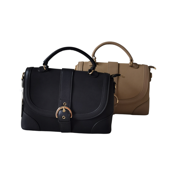 Carteras ZEFORA Classic Chic en negro y beige con diseño estructurado, solapa frontal y detalles metálicos dorados.