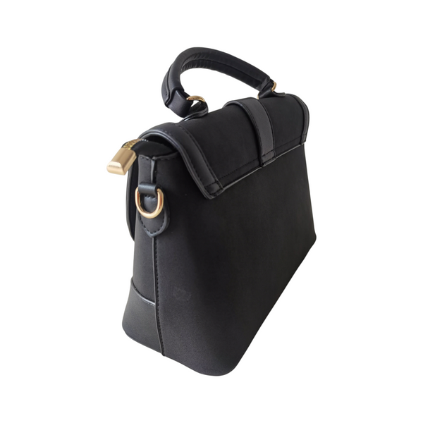 Cartera ZEFORA Classic Chic negra estructurada con asa superior y detalles metálicos dorados en vista lateral