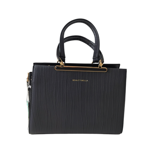 Cartera ZEFORA Milano negra estructurada con textura de líneas verticales, asas superiores y detalles metálicos dorados