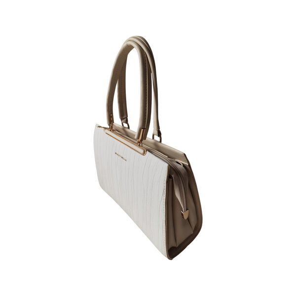 Cartera ZEFORA Milano beige estructurada con textura de líneas verticales, asas superiores y detalles metálicos.