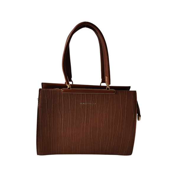 Cartera ZEFORA Milano marrón con textura de líneas verticales, asas superiores y detalles metálicos elegantes