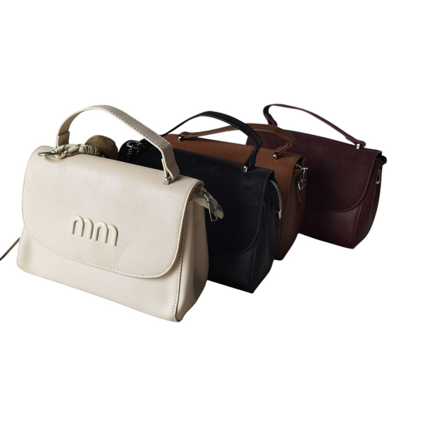 Cartera Mía ZEFORA pequeña y elegante en colores crema, negro, camel y vino con solapa y detalles metálicos