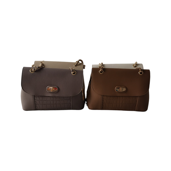 Carteras ZEFORA Olivia en tonos taupe y marrón con solapa frontal, broche metálico y textura efecto piel de cocodrilo