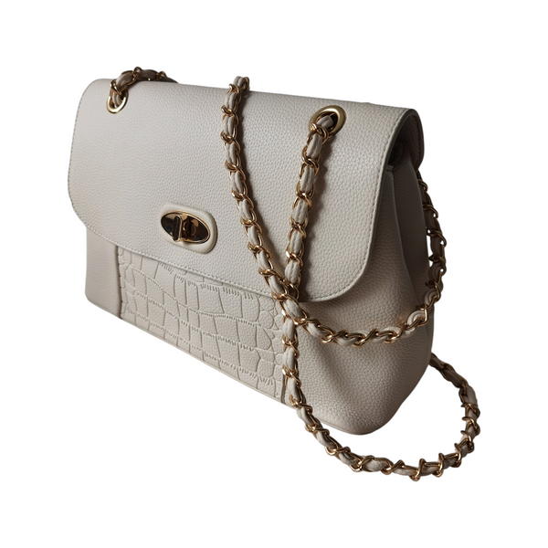 Cartera ZEFORA Olivia color crema con textura tipo cocodrilo, solapa frontal y cadena dorada elegante