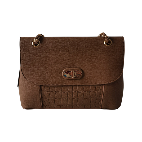 Cartera ZEFORA Olivia marrón con solapa, textura tipo cocodrilo y detalles metálicos dorados en asas y broche
