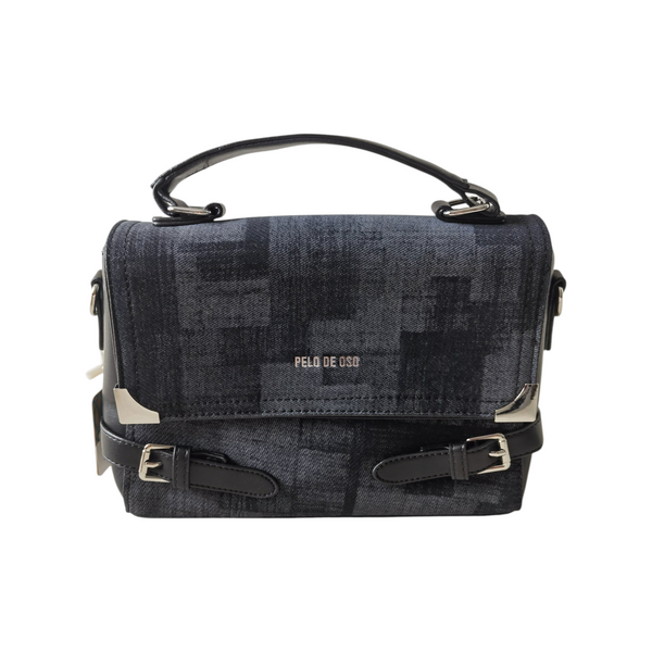 Cartera ZEFORA Roma rectangular en color gris oscuro con estampado geométrico, solapa frontal y detalles metálicos.