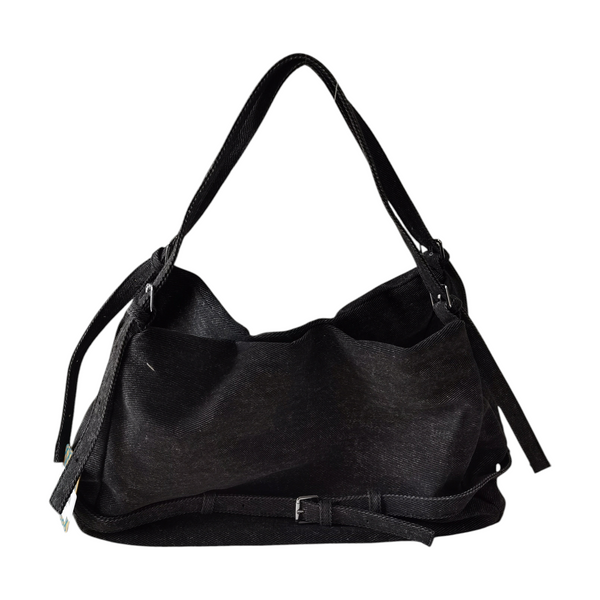 Cartera hobo negra ZEFORA con textura tipo mezclilla, asa de hombro y detalle de hebilla frontal elegante