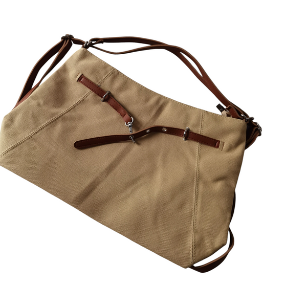 Cartera ZEFORA Andrea grande color beige con correas decorativas marrones y asa de hombro en estilo casual chic