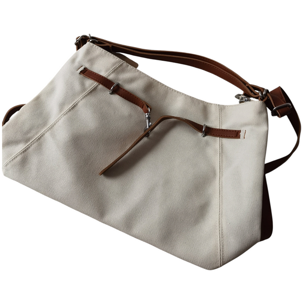 Cartera ZEFORA Andrea grande color blanco con correas decorativas marrones y asa de hombro estilo casual chic