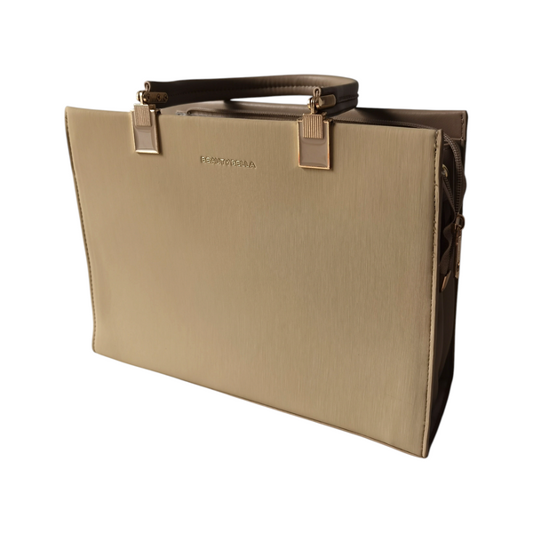 Cartera ZEFORA estructurada en color beige con detalles metálicos dorados y asa superior elegante